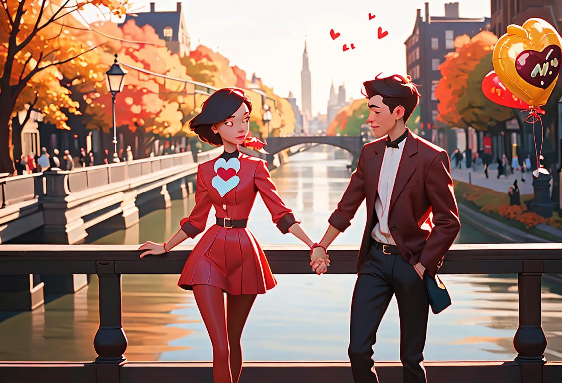 Two individuals walking on a bridge, one holding a heart-shaped balloon, wearing trendy outfits, city backdrop with autumn foliage..
