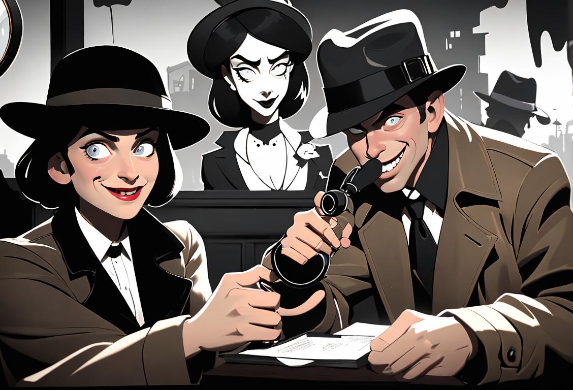 A group of playful individuals dressed in detective costumes, wearing trench coats and fedora hats, surrounded by a cityscape backdrop. One person is holding a magnifying glass while another is flashing a mischievous smile. The scene has a vintage film noir aesthetic with black and white colors..