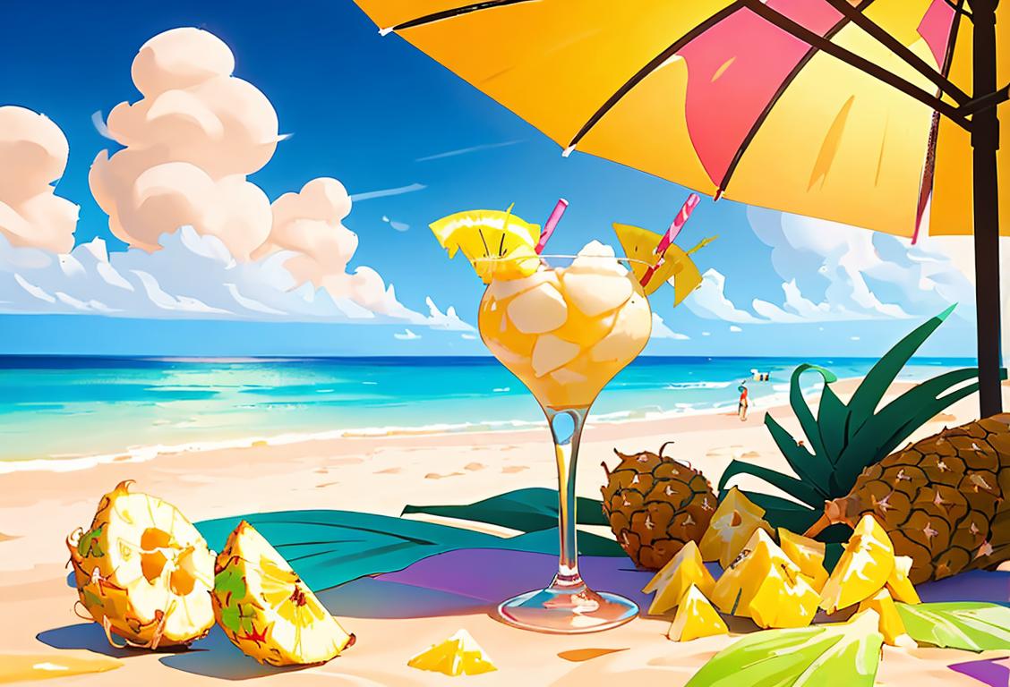 A tropical beach scene with a colorful cocktail umbrella, coconut cream and pineapple, evoking the refreshing spirit of National Piña Colada Day..