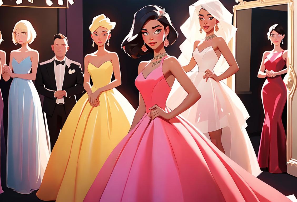 Young woman modeling a beautiful prom dress, surrounded by a group of enthusiastic shoppers in a trendy boutique, showcasing different styles and colors of prom dresses..