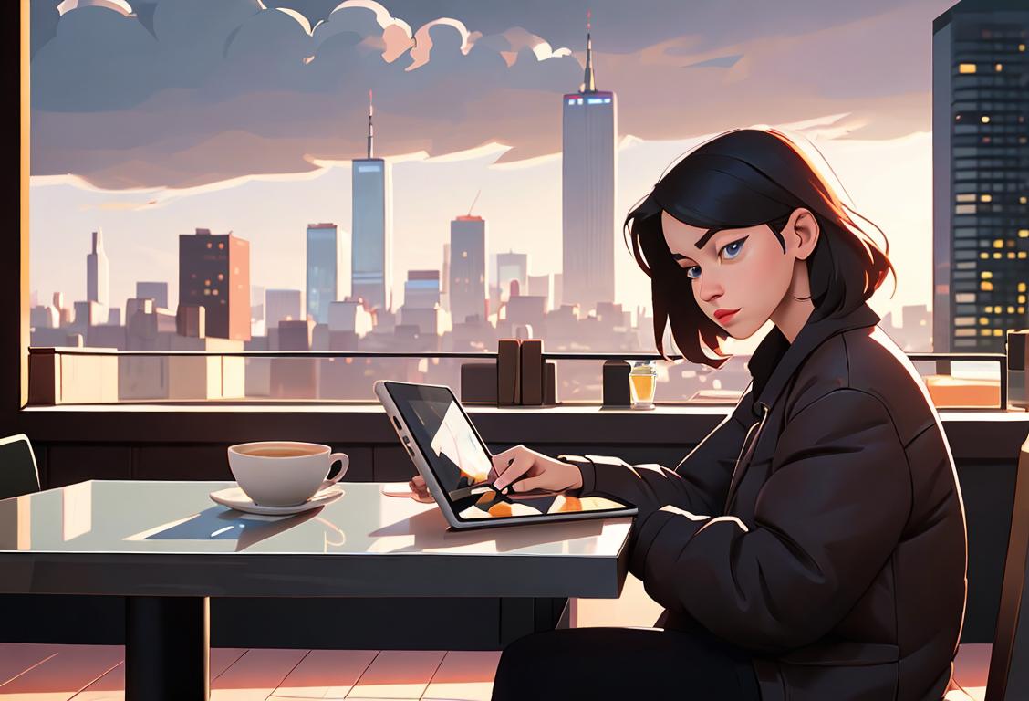 Person using a tablet in a cozy cafe, wearing a trendy outfit, with a city skyline in the background..