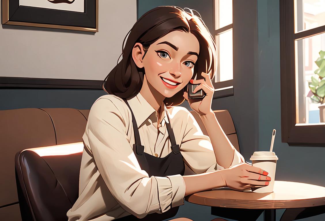 A smiling woman in casual attire sitting at a coffee shop, holding a phone and texting affectionately..