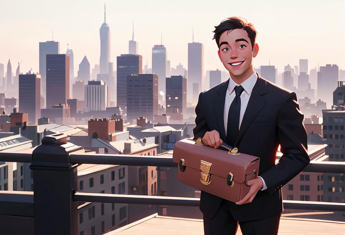 Young adult in business attire, holding a briefcase and smiling confidently, city skyline in the background..