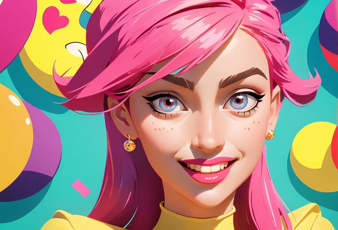 A cheerful woman in fashionable attire, immersed in her favorite hobbies and activities, surrounded by vibrant colors and a lively atmosphere..