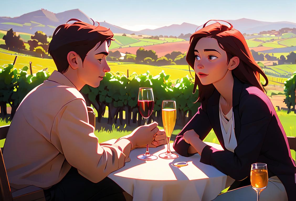 Young couple enjoying a glass of Pinotage in a cozy vineyard, with rolling hills and a touch of South African fashion and culture..