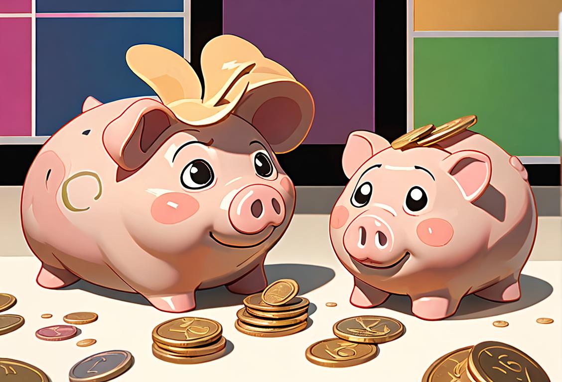 Young siblings holding piggy banks, surrounded by colorful charts and coins, enjoying a fun day of financial learning together..