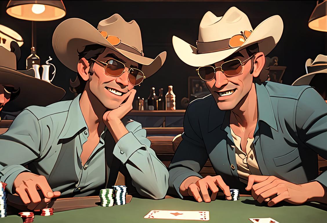 Two friends playing a lighthearted game of poker, wearing sunglasses and cowboy hats, in a lively Wild West saloon..