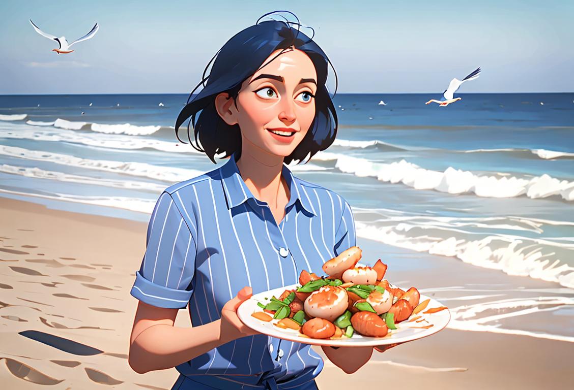 Joyful woman holding a plate of crispy fried scallops, beach scene with seagulls flying in the background, wearing a nautical-themed blue and white striped shirt..