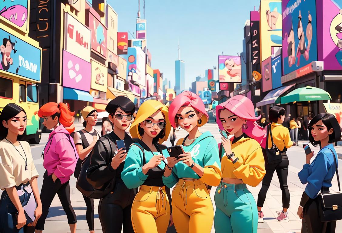 A group of diverse individuals, dressed in trendy outfits, surrounded by hashtags and emojis, capturing moments on their smartphones while posing against a vibrant city backdrop..