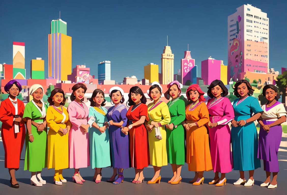 A diverse group of people of various ethnicities, wearing colorful outfits and holding hands, standing in front of a vibrant city skyline..