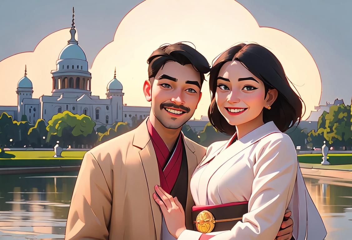 A smiling couple in traditional attire, exploring the sights of a magnificent national capital city..