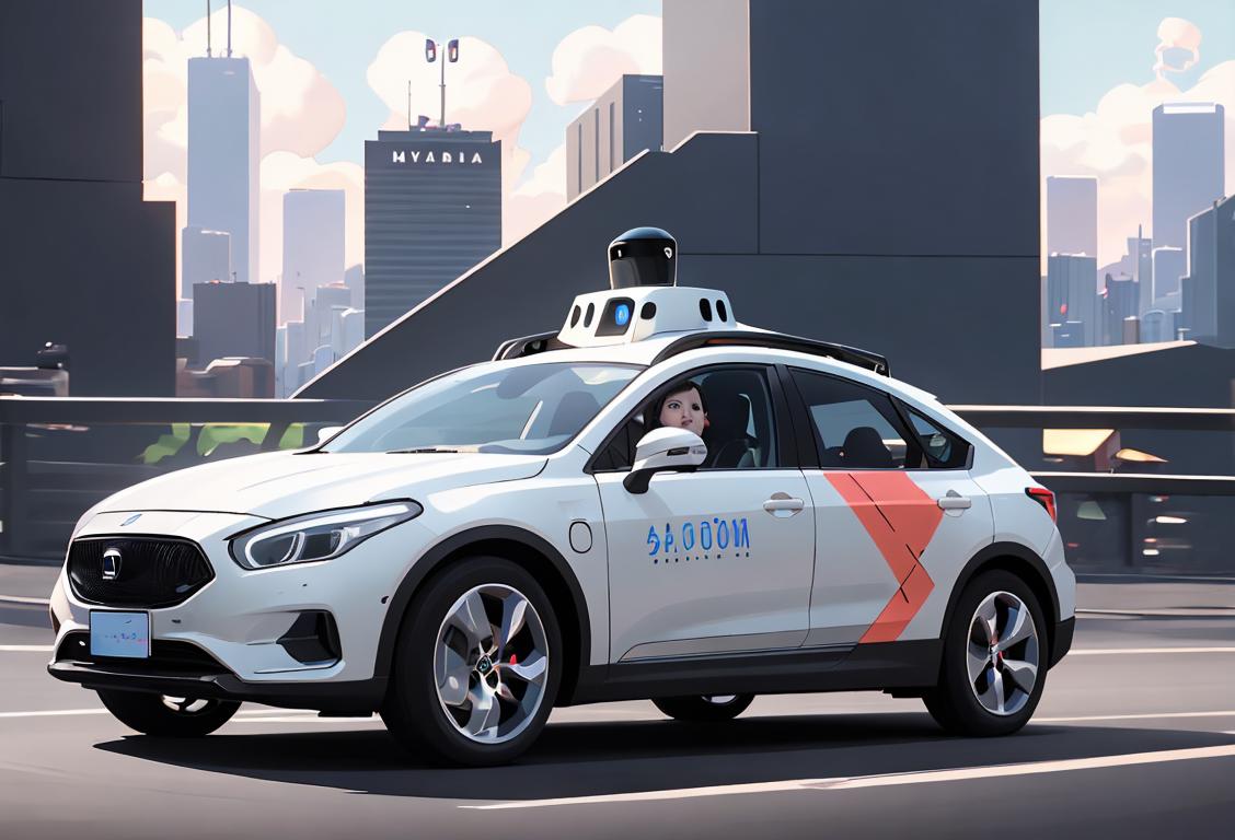 An enthusiastic person in modern attire waving to a self-driving car, surrounded by advanced technology and a futuristic cityscape..