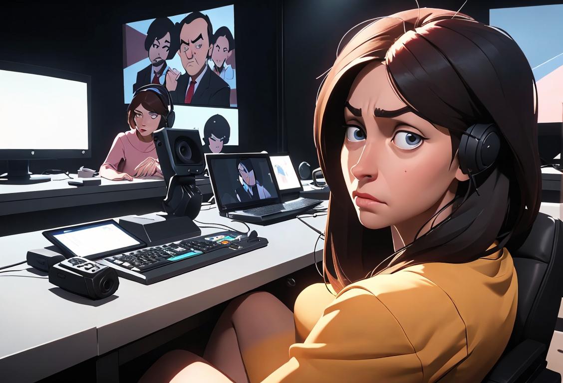 A person with a skeptical expression sitting at a desk, wearing casual clothes, surrounded by computers and microphones..