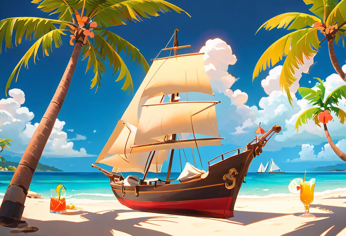 A tropical beach scene with a colorful glass filled with rum, surrounded by palm trees and a sailing ship in the distance..