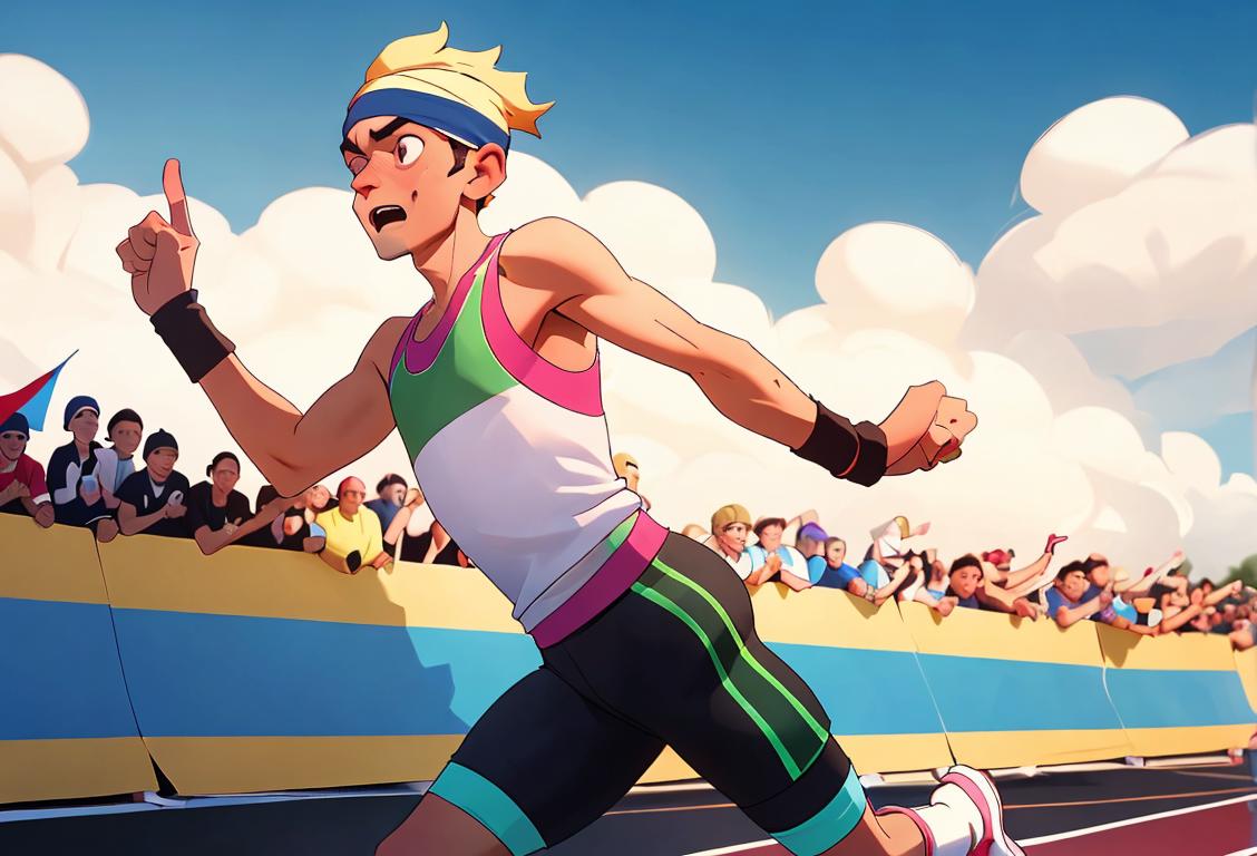 Athletic young man crossing the finish line of a marathon, wearing a sweatband and running shorts, in the midst of a cheering crowd..