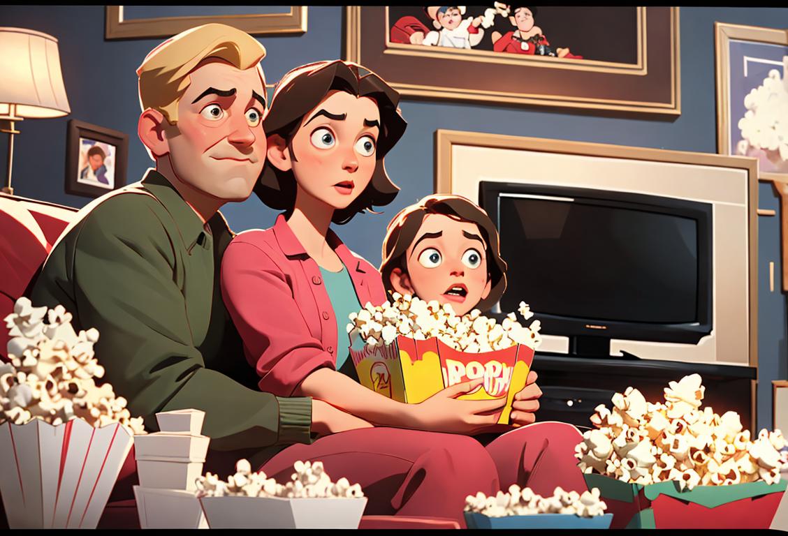 Excited family huddled together on a cozy couch, popcorn in hand, surrounded by various TV memorabilia.