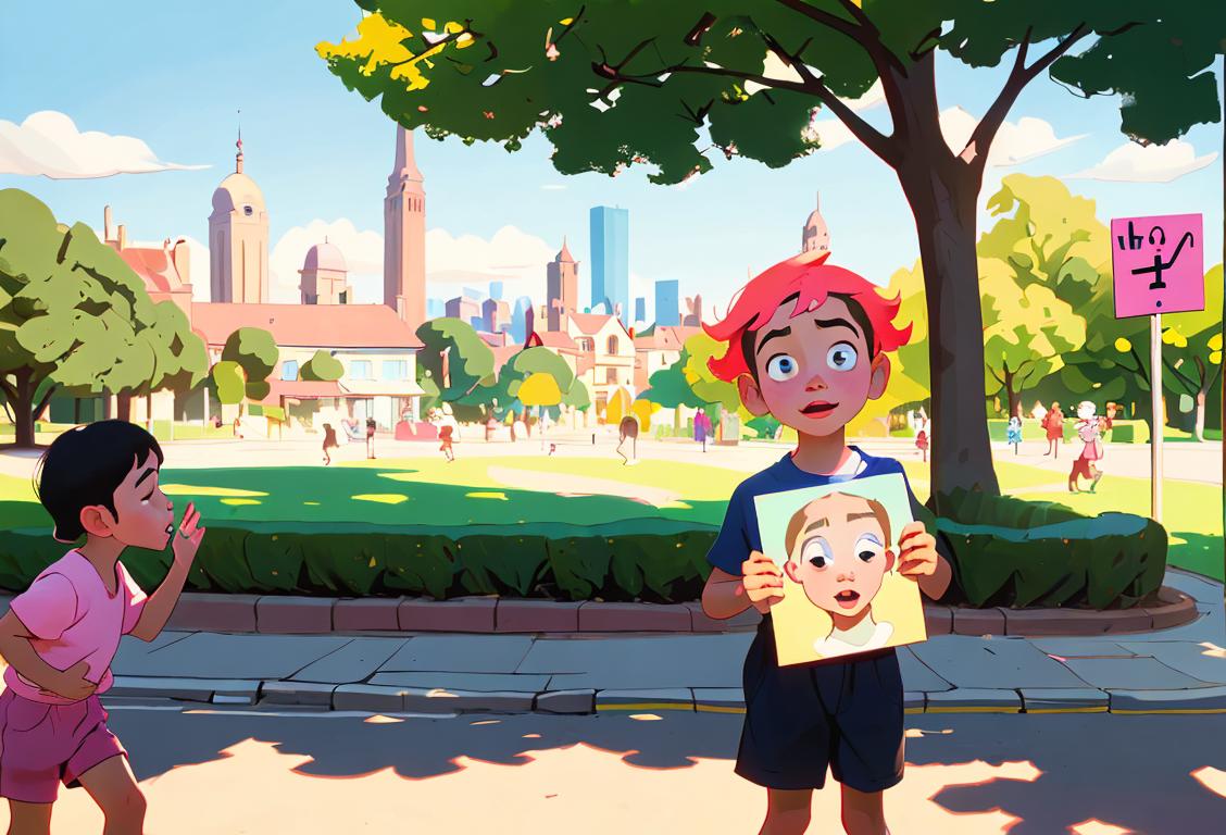 An illustration of a child holding a sign that says 'Stop' in front of a vibrant and peaceful cityscape, with children of diverse backgrounds happily playing in a park..