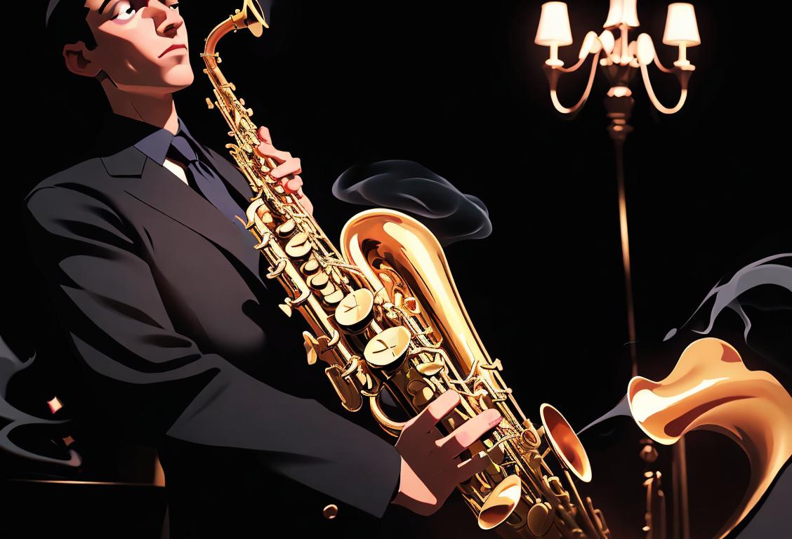 A musician playing a saxophone, dressed in a dapper suit, accompanied by a jazz band, in a smoky and dimly lit nightclub..