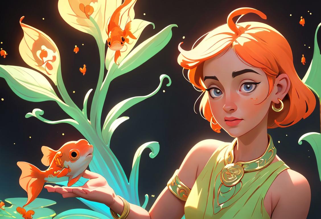 A delightful image depicting the enigmatic Dana, it could feature an artistic interpretation of the ancient Celtic goddess, a famous pop idol from the 70s, or even a charming pet goldfish. The setting could be whimsical and dreamlike, with elements that spark curiosity and intrigue. For added depth, include references to ancient Celtic motifs, retro fashion styles, and a touch of mysterious allure..