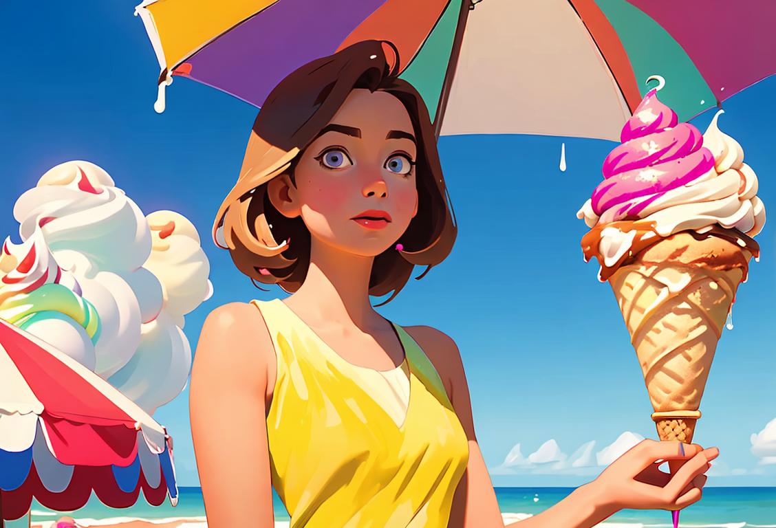 Young girl in a light summer dress, surrounded by colorful ice cream scoops and a rainbow of sundae toppings at a beach carnival..