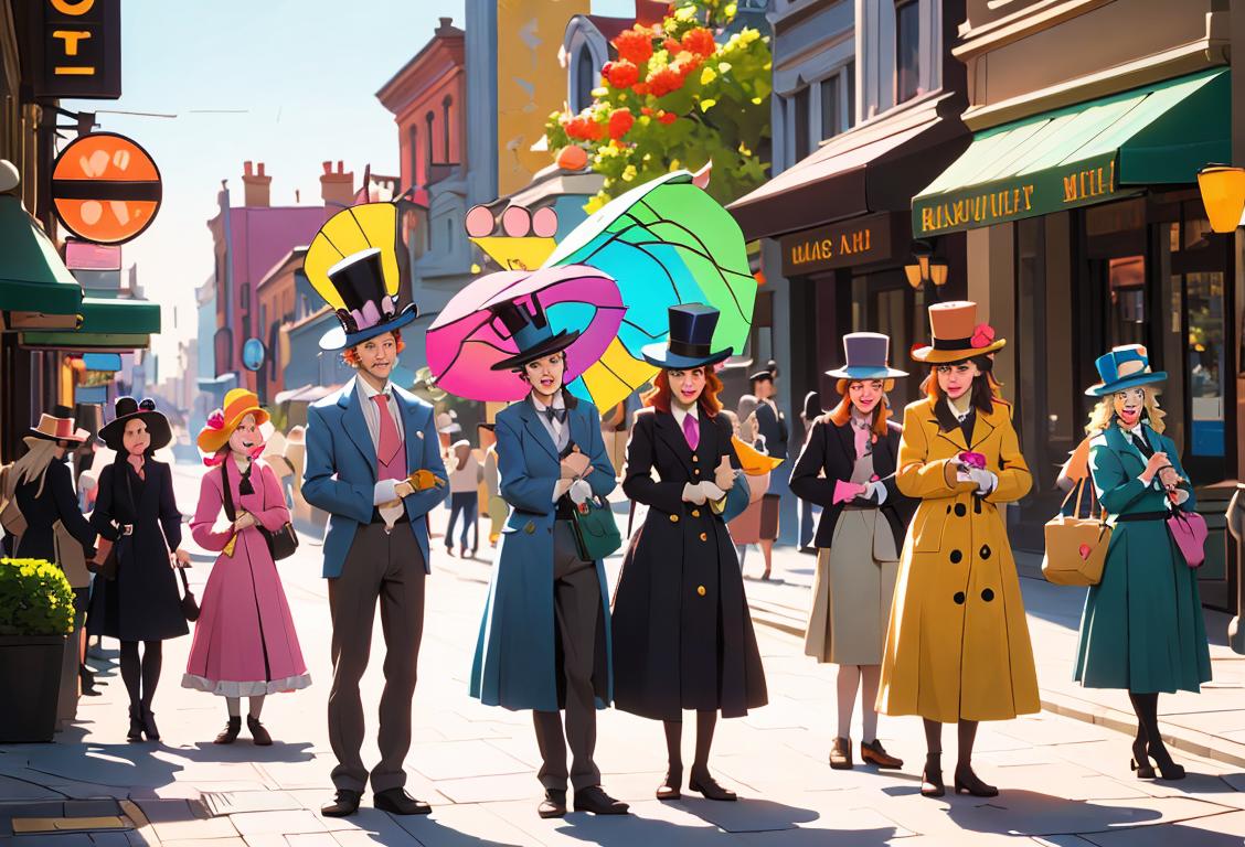 A group of people wearing a variety of hats in different styles and colors, standing in a vibrant city street..