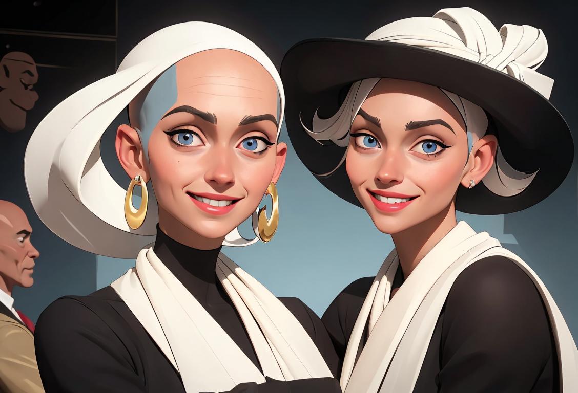 Young adult with a friendly smile showcasing a variety of stylish headwear, surrounded by diverse hair-themed accessories and a supportive community..