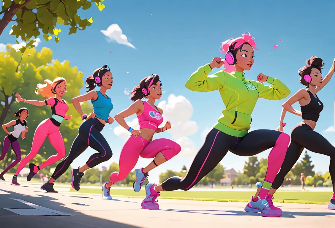 A group of diverse people exercising together in a vibrant outdoor setting, wearing activewear and headphones for a fun and energetic National Optimal Health Day..