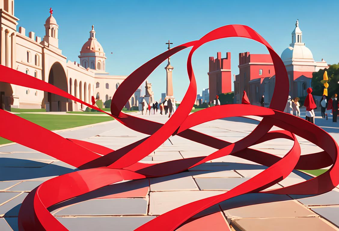 Group of diverse people wearing red ribbons, engaging in meaningful conversations, with a backdrop of global landmarks..