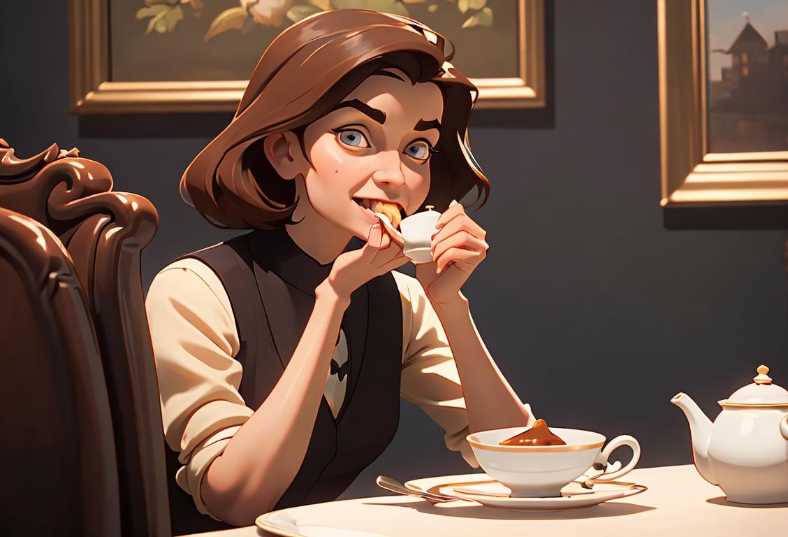 Young woman eagerly biting into a sticky toffee, dressed in a classic British fashion, quaint tea room bustling with excitement..