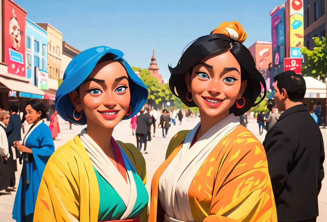 A diverse group of people, each wearing a different cultural outfit, smiling and doing something kind in a vibrant city setting..