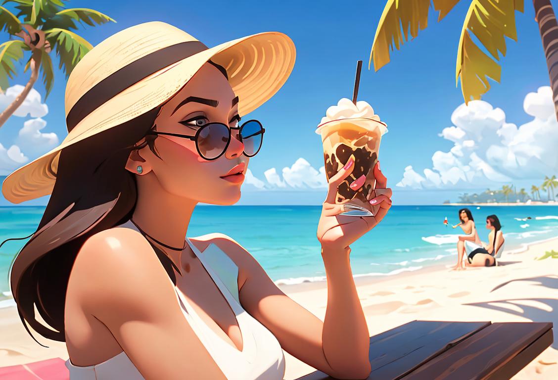 Young woman sipping a frappe, wearing sunglasses and a sundress, at a beach cafe with palm trees in the background..