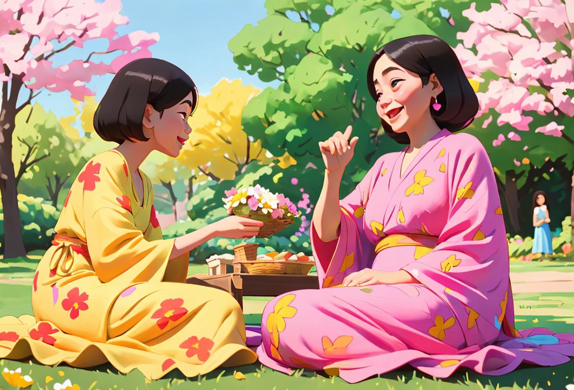 Happy individuals of all ages wearing colorful flowing muumuu dresses, enjoying a picnic in a sunny park, surrounded by vibrant flowers..