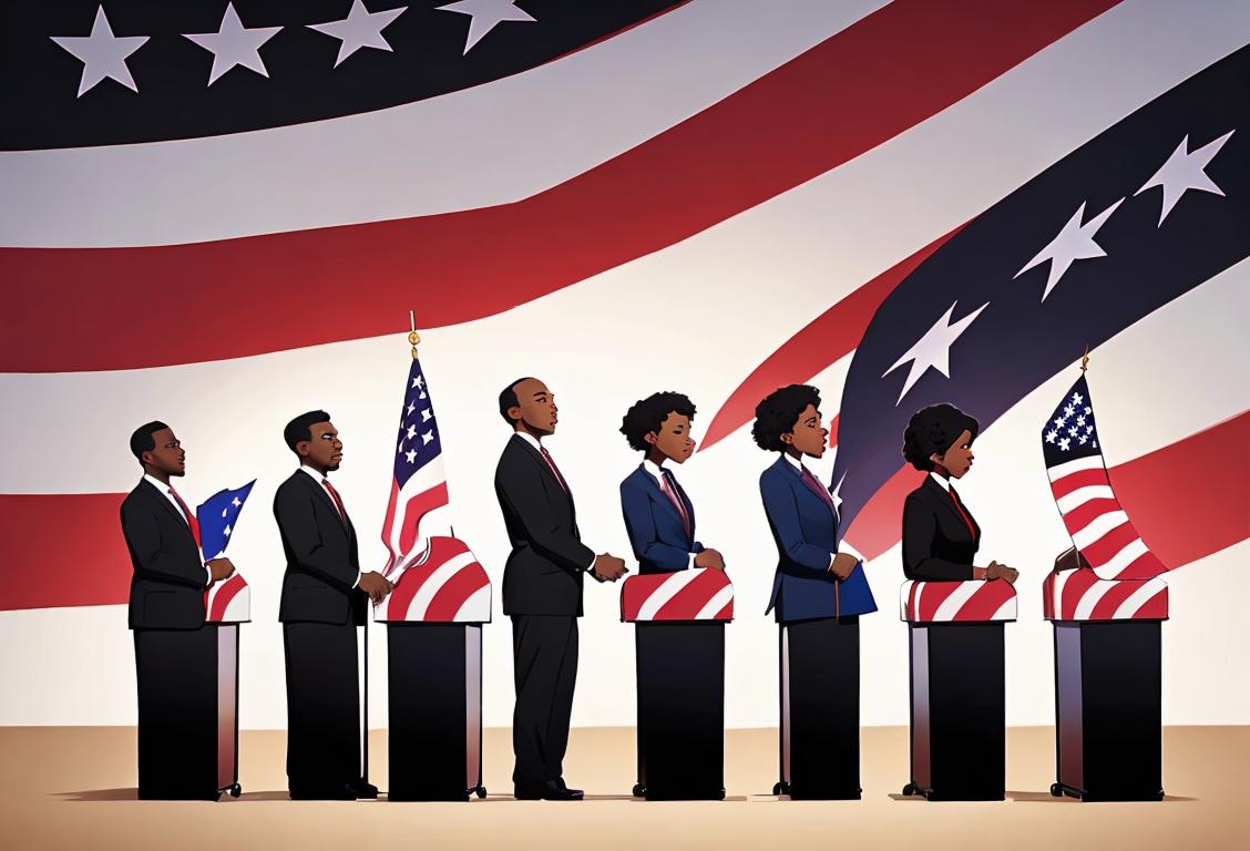 Young Black voter proudly casting their ballot, wearing a stylish suit, American flag background, diverse group cheering in the distance..