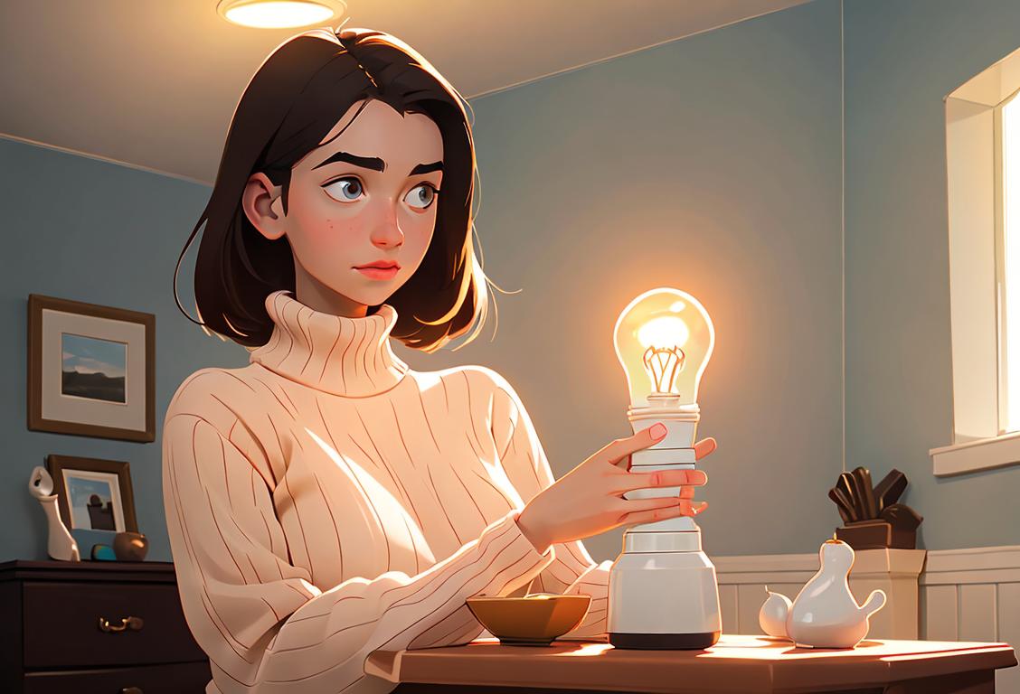 Young woman holding a compact fluorescent light bulb, wearing a cozy sweater, eco-friendly home setting with energy-saving tips scattered around..