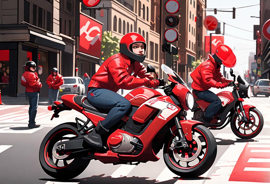 A group of bikers in bright red jackets, helmets, with blood drop logos, riding through busy city streets during National Blood Bikes Awareness Day..