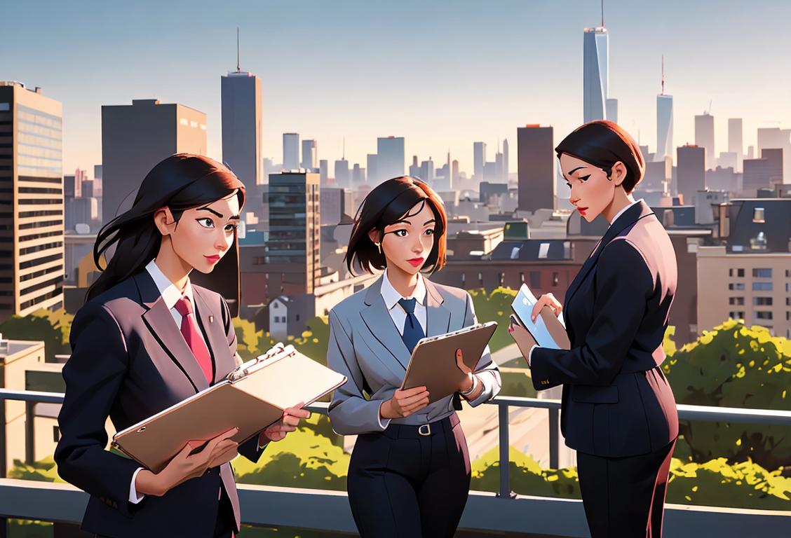 A diverse group of people holding clipboards, dressed in business casual attire, against a backdrop of city skyline and beautiful nature scenery..