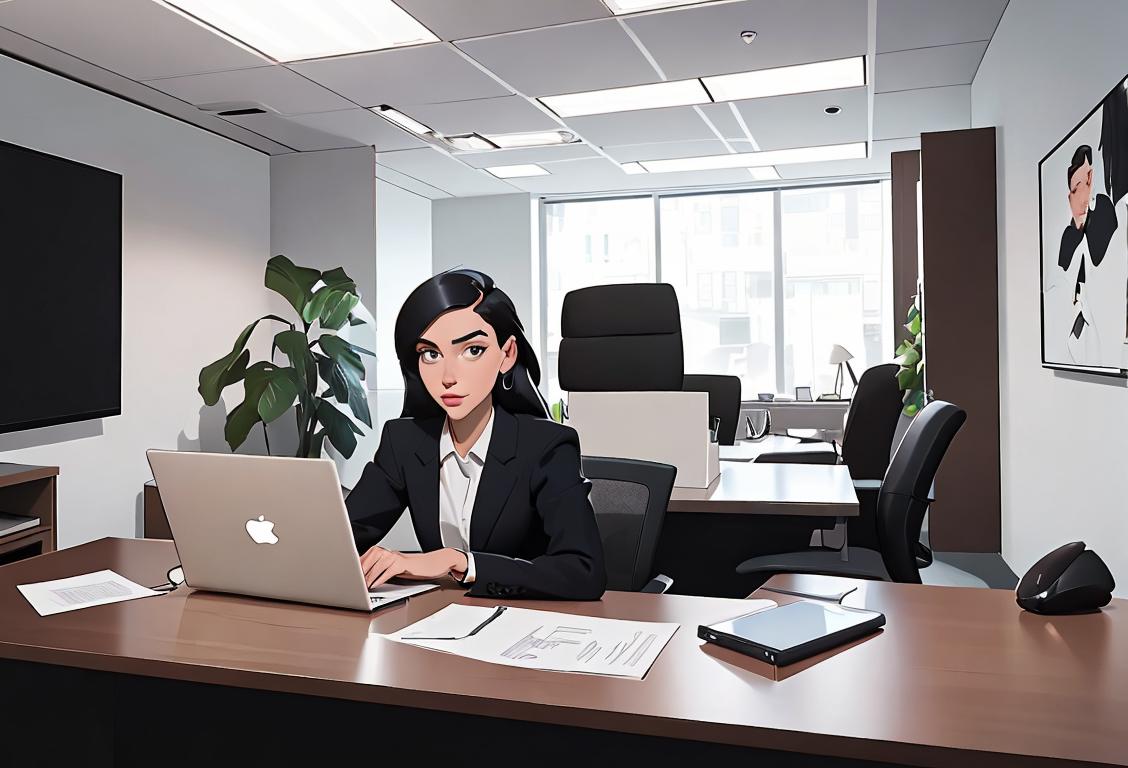 A stylish independent worker, dressed in professional attire, confidently working in a modern office space with sleek furniture and technology..