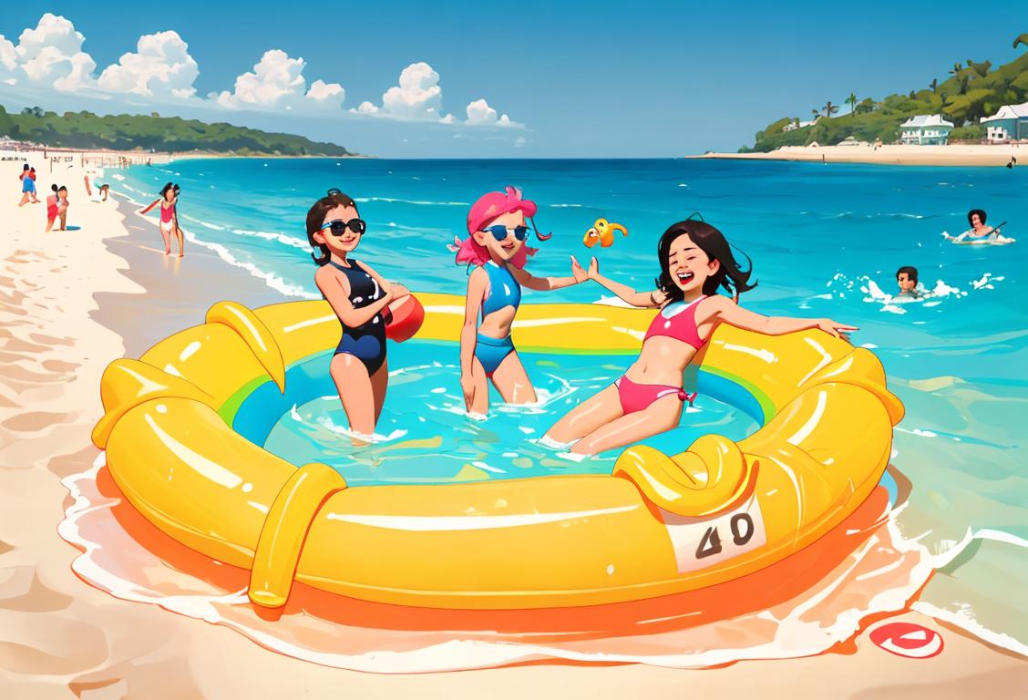 A diverse group of people, wearing colorful swimwear, having fun at the beach with inflatables and practicing water safety..