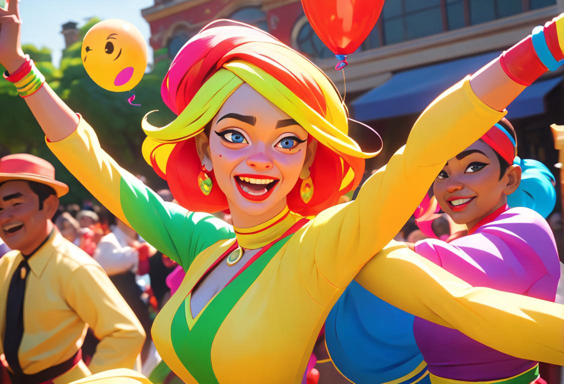 A diverse group of people wearing colorful costumes, dancing in a vibrant parade to celebrate National Dag Day. Festive decorations and laughter fill the air as they create unforgettable memories..