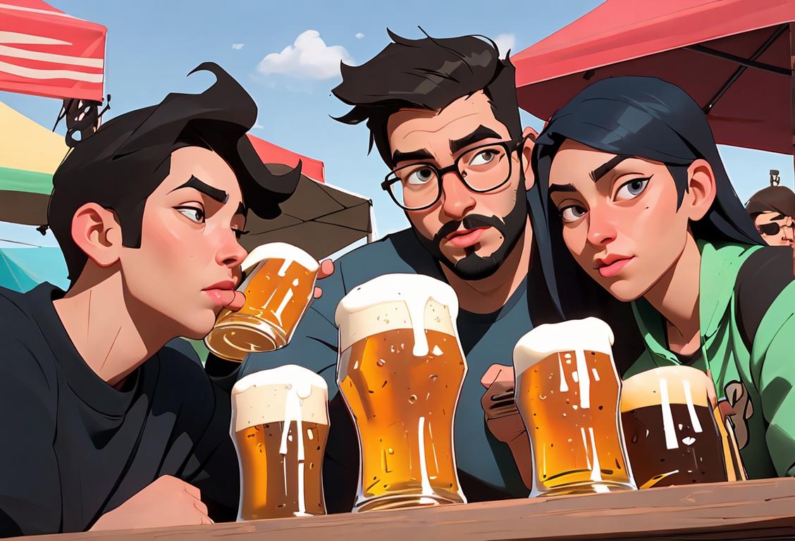 A group of friends enjoying a variety of beer styles,  hipster style, outdoor beer festival setting..