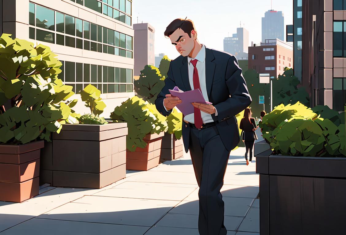 A tired office worker sneaking out of an office building, wearing casual attire, against a bustling city backdrop, surrounded by nature..