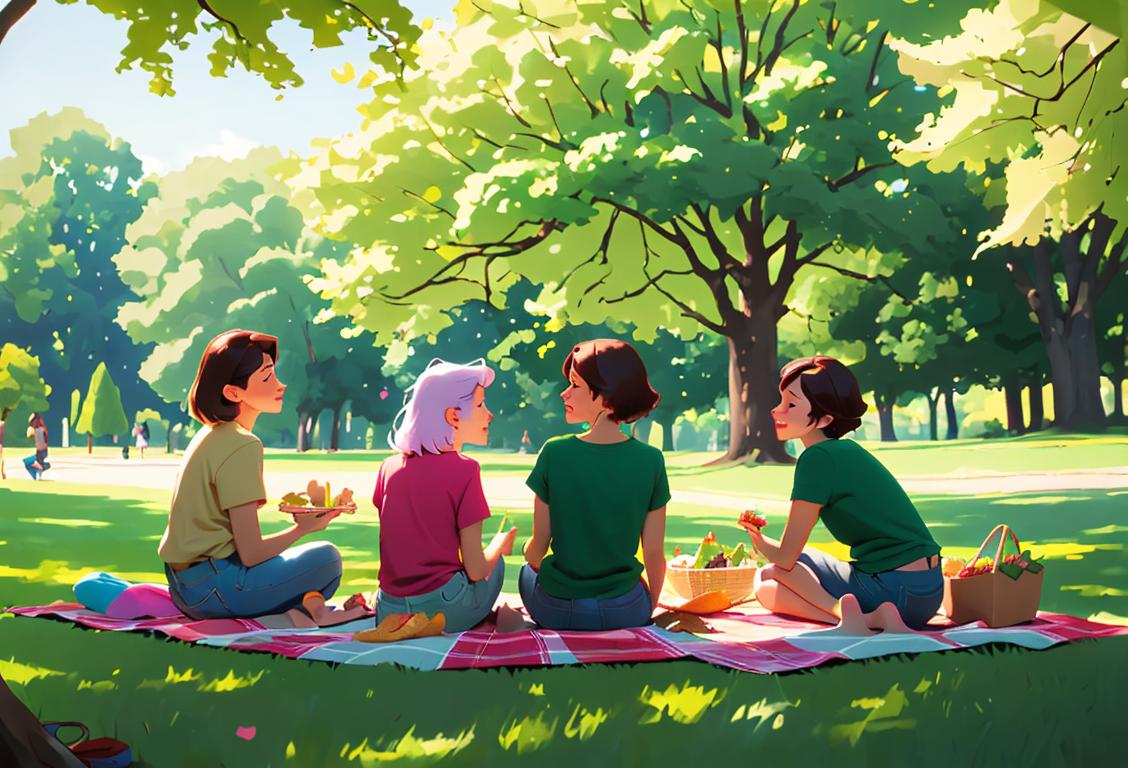 Group of friends sitting on a colorful picnic blanket in a park, wearing casual summer outfits, surrounded by green trees and enjoying snacks..