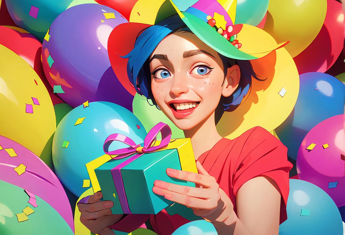 A cheerful individual holding a beautifully wrapped gift, wearing a colorful party hat, surrounded by festive decorations and confetti..