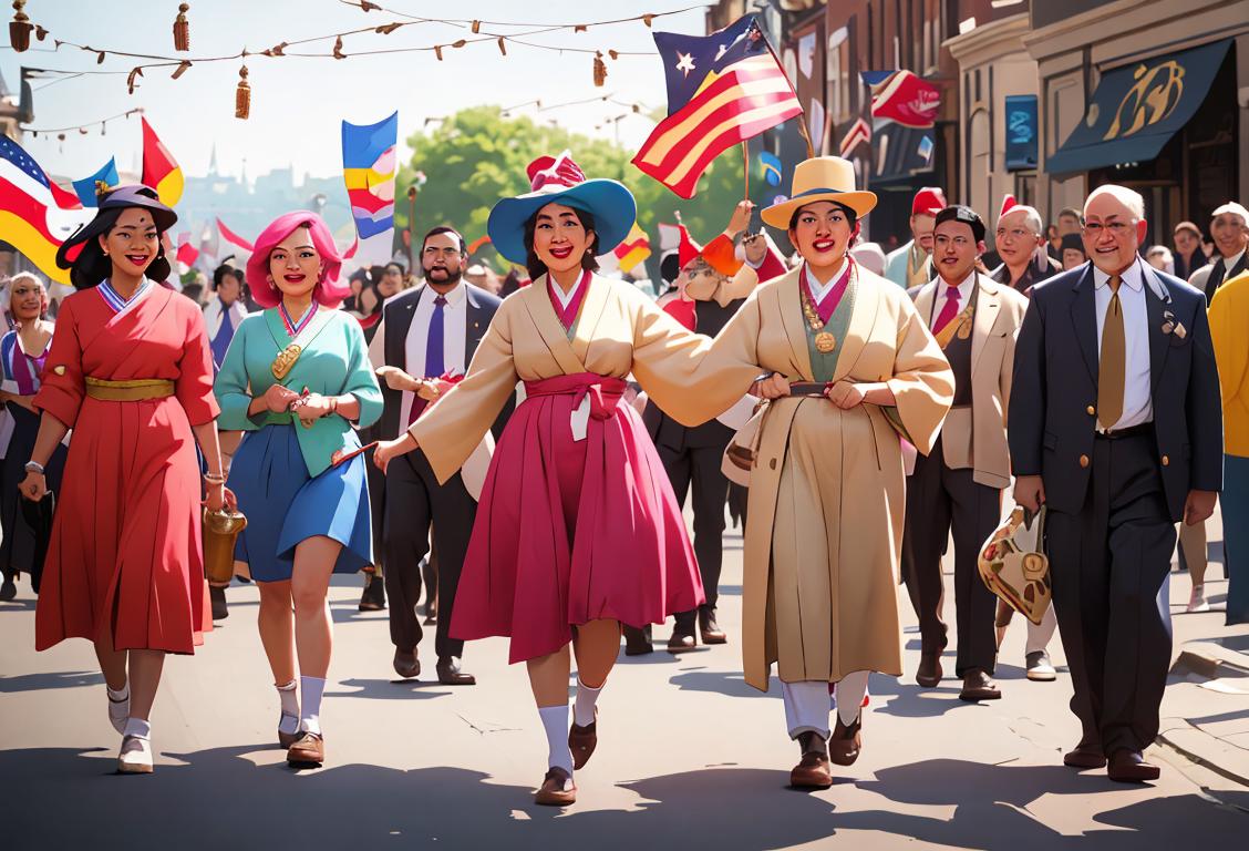A diverse group of people, wearing clothing representing various cultures and time periods, coming together in a lively parade to celebrate National Revival Day..