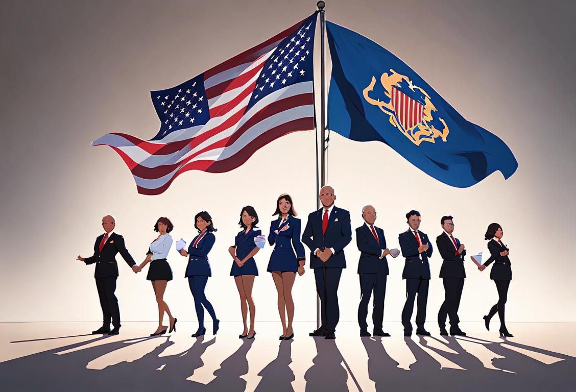 Illustration of a diverse group of people in professional attire, holding hands and standing in front of a United States flag..