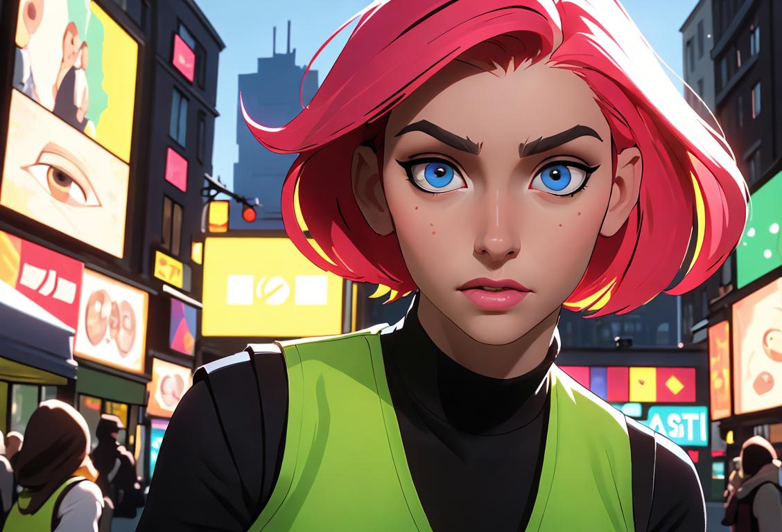 A person wearing vest-themed contact lenses, stylishly posing against a backdrop of vibrant fashion and a city scene..