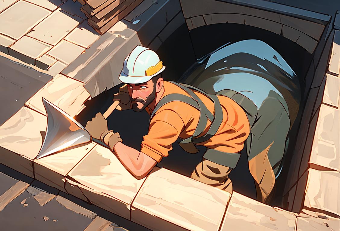 A construction worker holding a shovel, wearing a reflective vest, fixing a pothole on a sunny city street..
