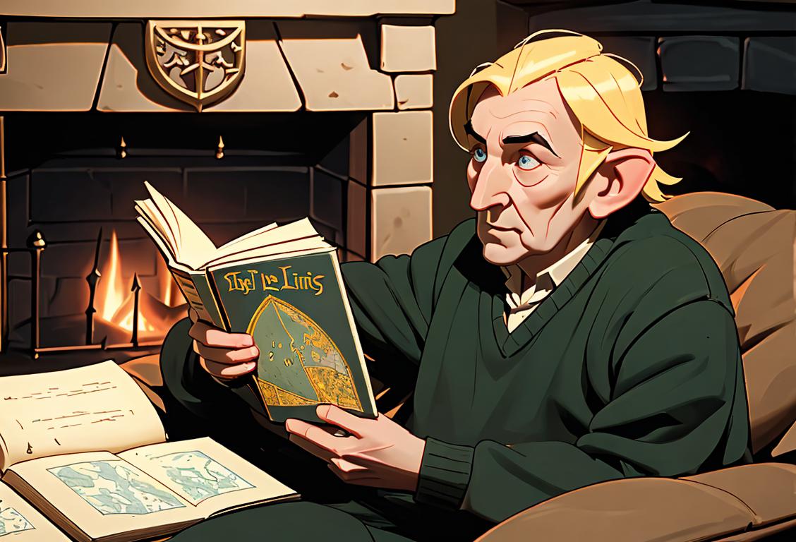 A cozy living room with a roaring fireplace, a person reading a Tolkien book in a comfy sweater, surrounded by Lord of the Rings merchandise and a map of Middle Earth..