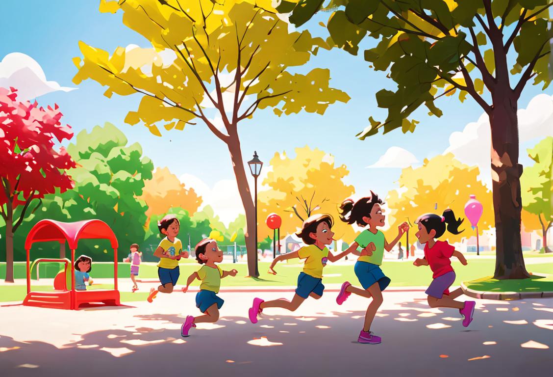 A group of adorable children running through a sunny park, wearing colorful clothes, with playground equipment in the background..