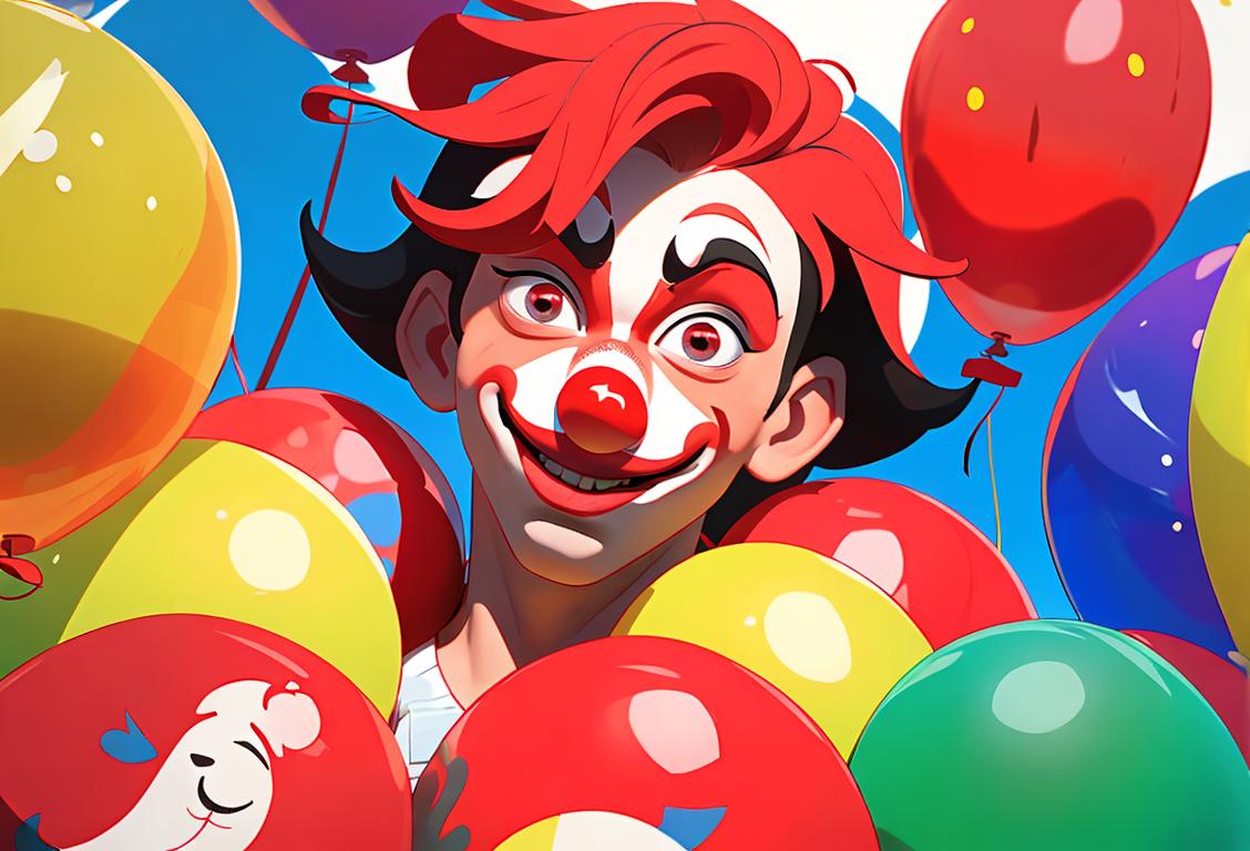 Young boy wearing a red clown nose, surrounded by colorful balloons and confetti, carnival setting..